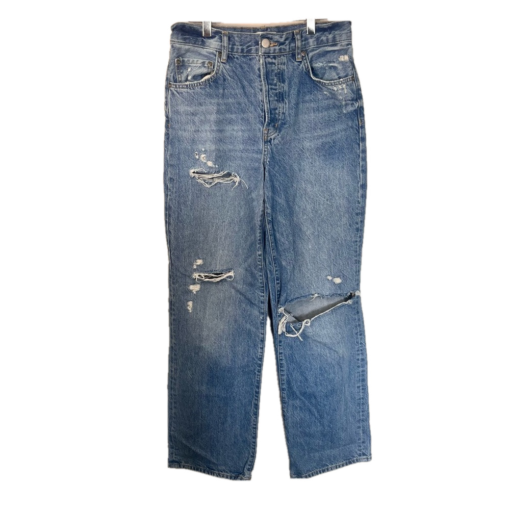 Zara High Waisted Wide Leg Distressed Denim Jeans 4